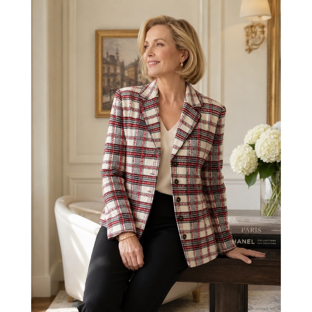 St John Collection Santana Knit Plaid Blazer Jacket Red Black Cream Size 12 USA